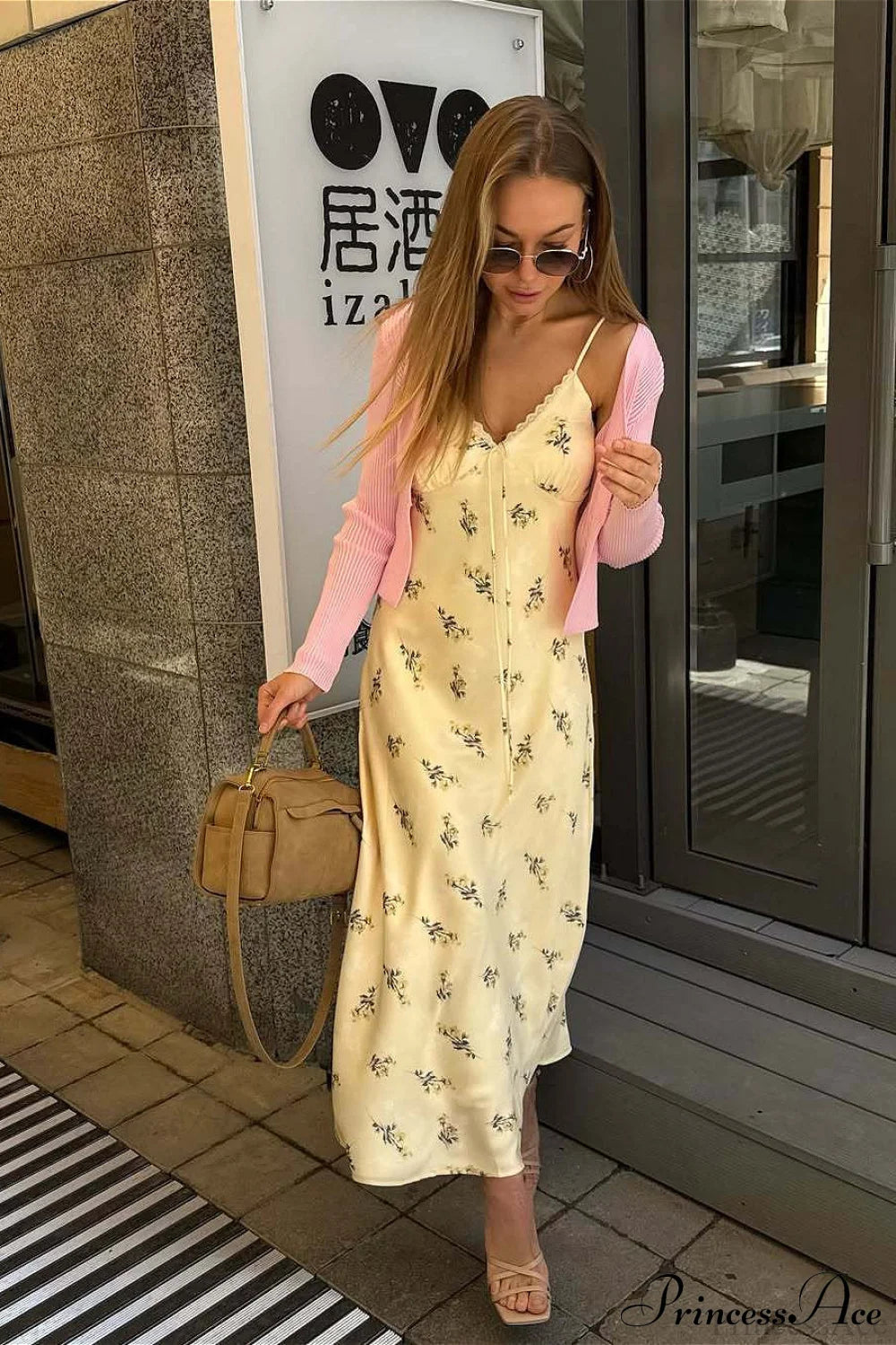 V Neck Satin Cami Ruched Tie Floral Dress