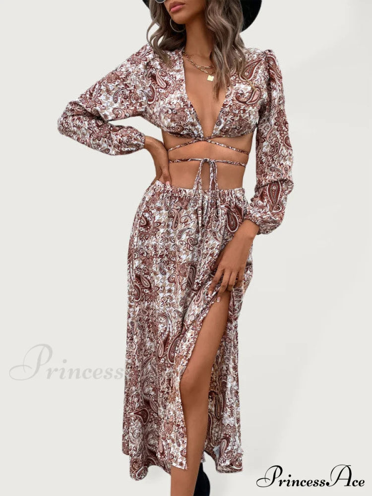 Women's Woven Paisley Vacation Sexy Long Dress Two-Piece Set Coffe clothes crop top sets