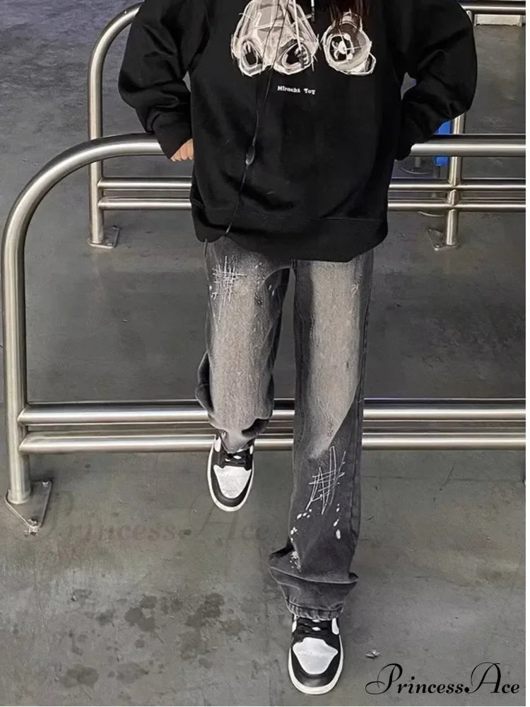 Vintage Black Print Speckled Ink Wide Leg Loose Straight Floor Sweeping Jean