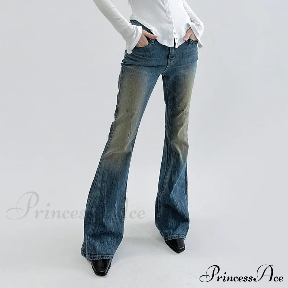 Vintage Denim Flare For Women Fashion Streetwear High Waist Hit Color Slim Female Autumn 2024 Jean