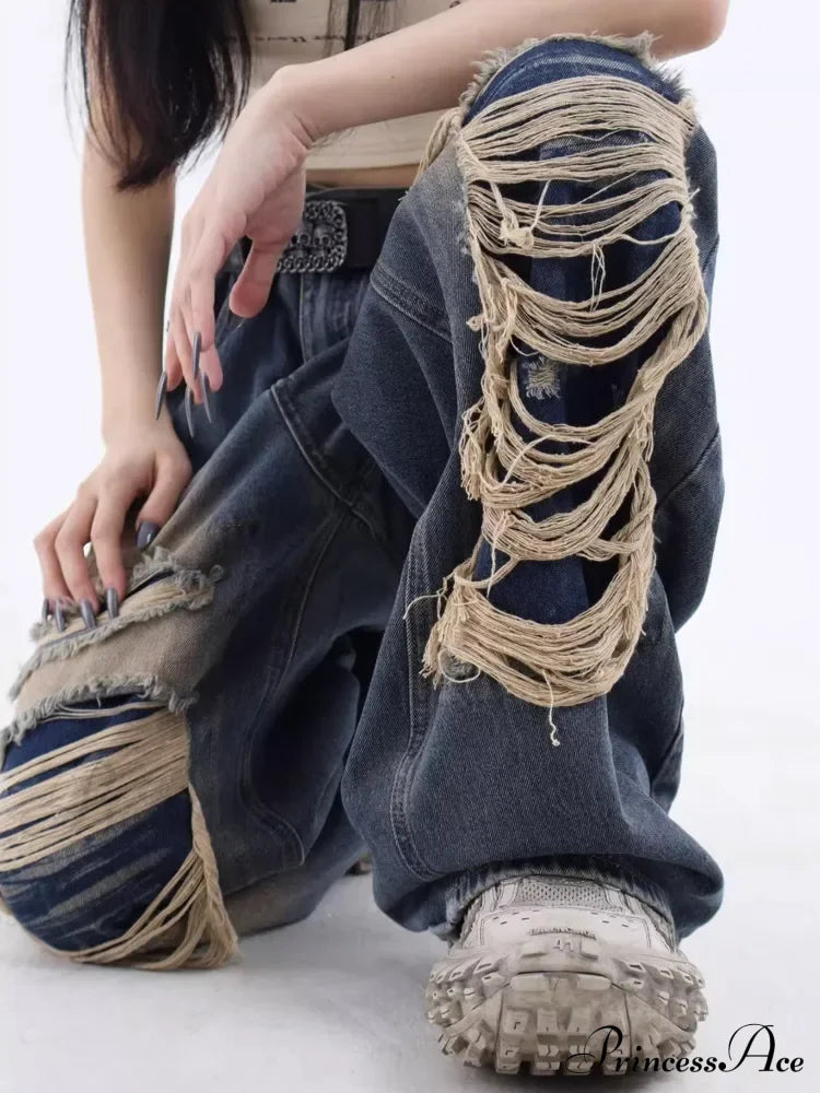 Vintage Distressed Washed Summer Loose Fitting Wide Leg Straight Tube Trendy Street Women’s Jean