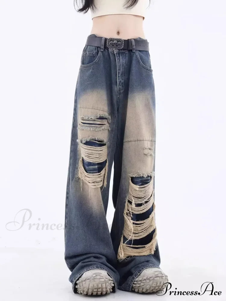 Vintage Distressed Washed Summer Loose Fitting Wide Leg Straight Tube Trendy Street Women’s Jean