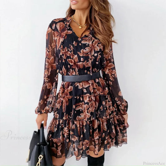 Vintage Floral Tie-up V-neck High Waist Ruffled Floral Dress floraldress-250126