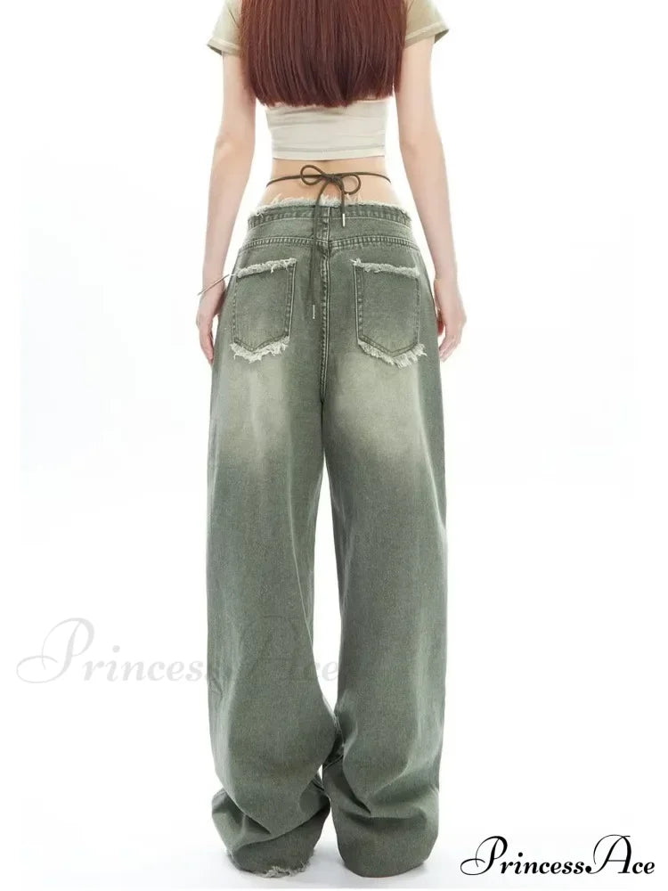 Vintage Green Wide Leg High Street Waisted Drape Straight Women’s Jean