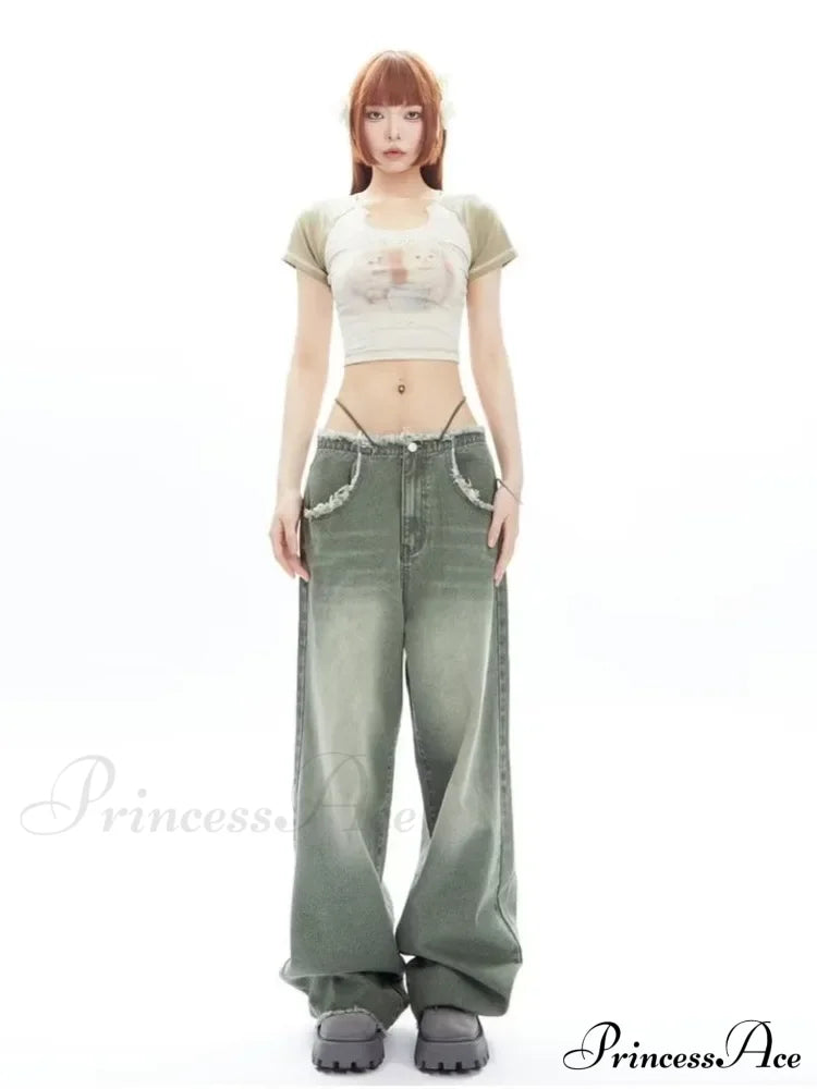 Vintage Green Wide Leg High Street Waisted Drape Straight Women’s Jean / S