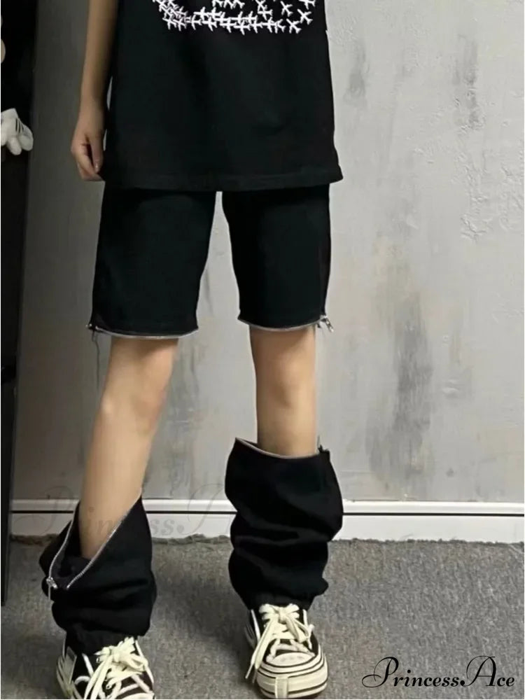 Vintage Knee Double Zipper Detachable Street Burst Straight Jean