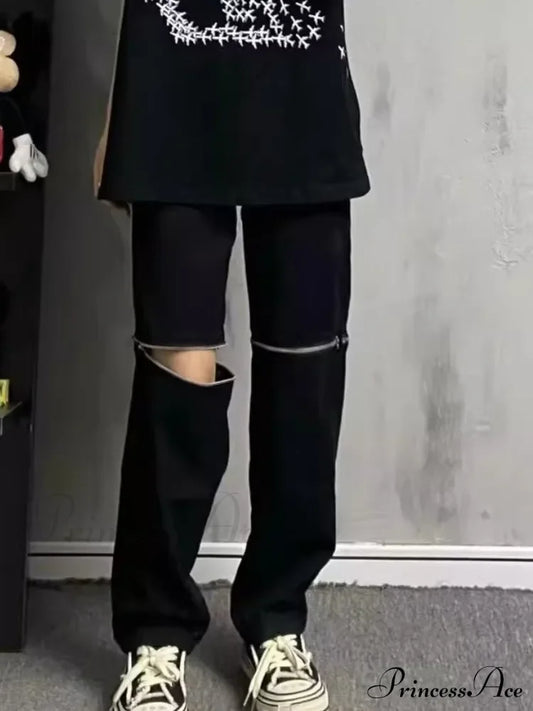 Vintage Knee Double Zipper Detachable Street Burst Straight Jean Black / S