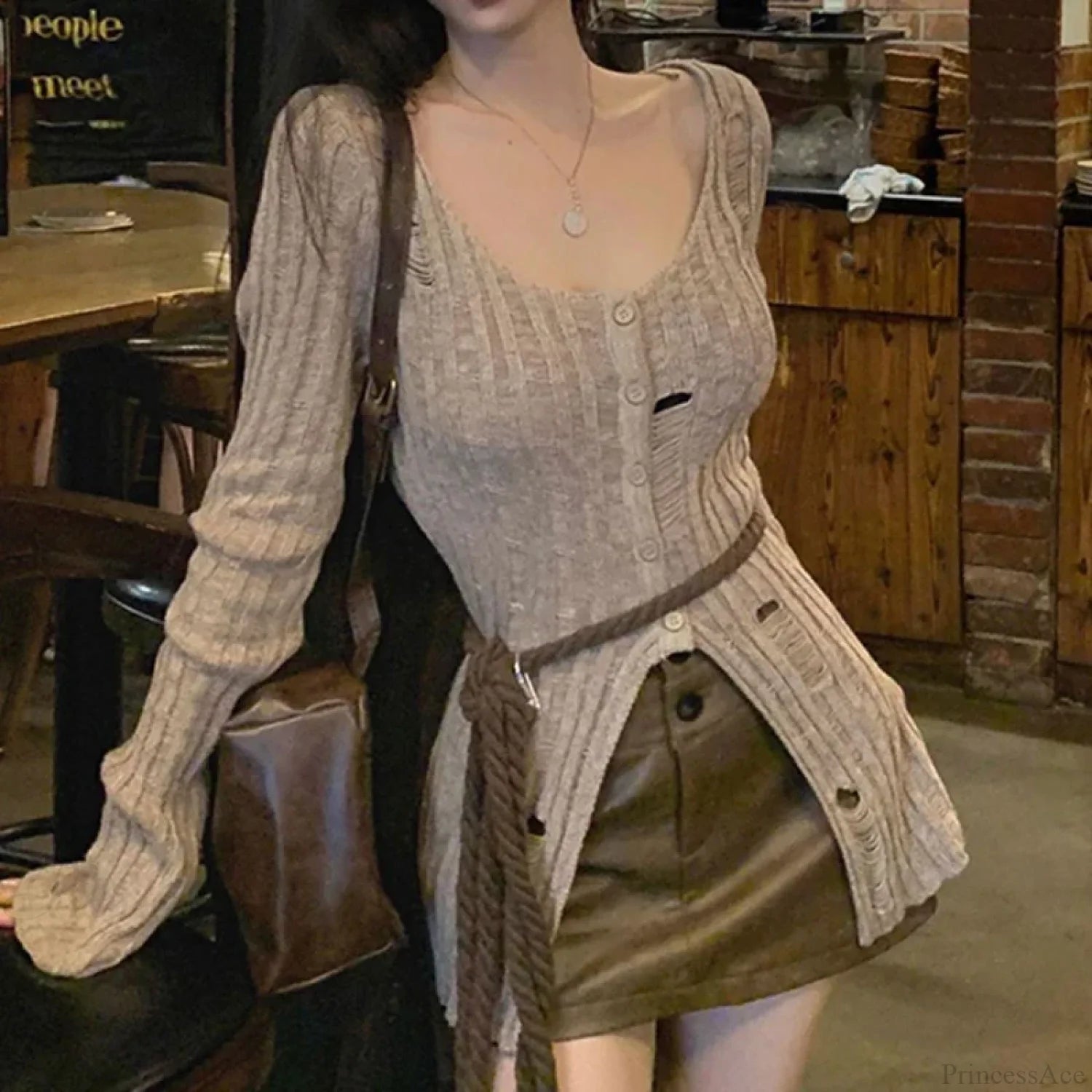 Vintage Knitted Spring Long Sleeve Button Closure Slim Knit Top Khaki / One Size knittop-250126
