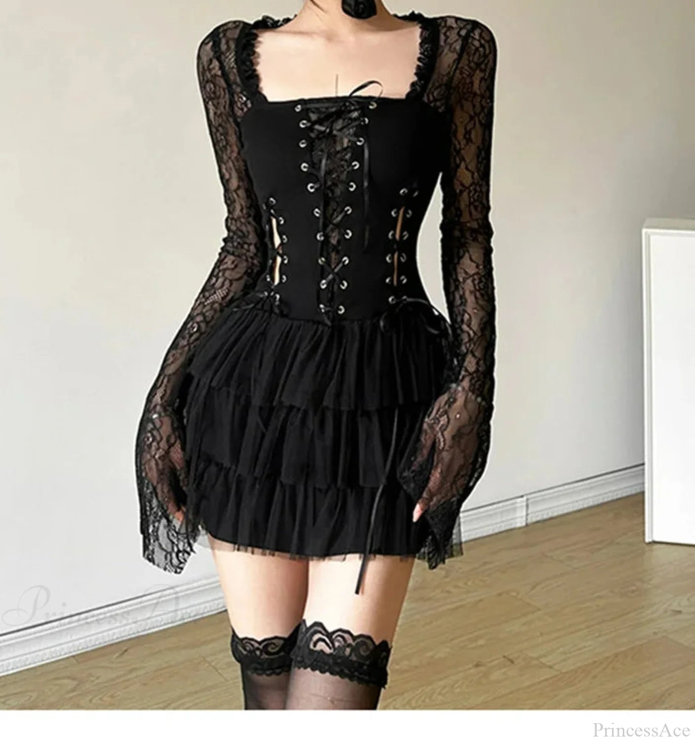 Vintage Lace Frilled Mini Dress Black / S