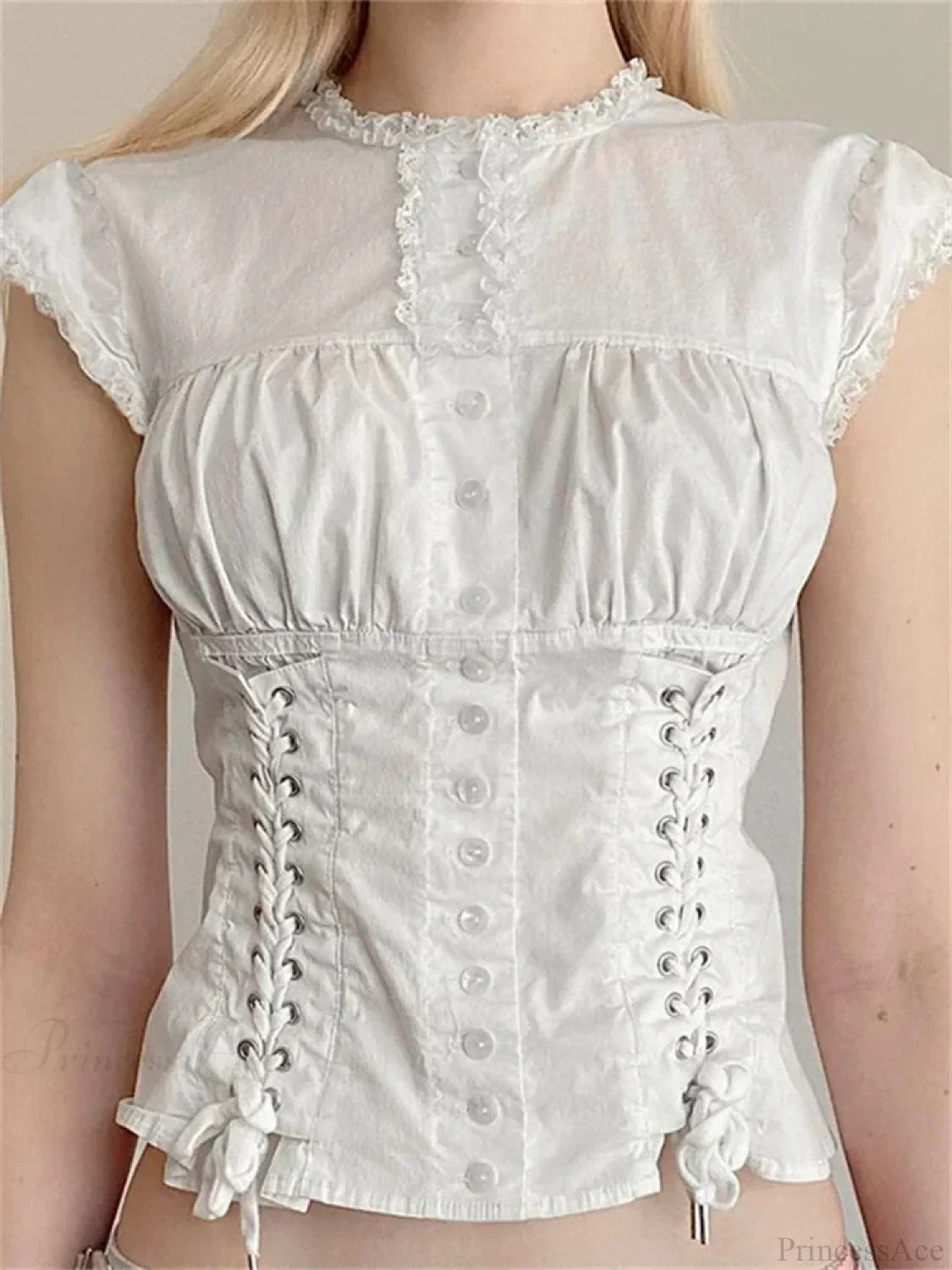 Vintage Lace Trim Cap Sleeve Bandage Blouse blouse-250126