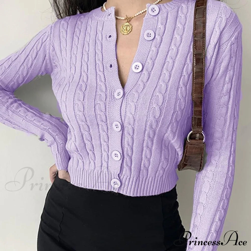 Vintage Long Sleeve Slim Knitted Cardigan Purple / One Size