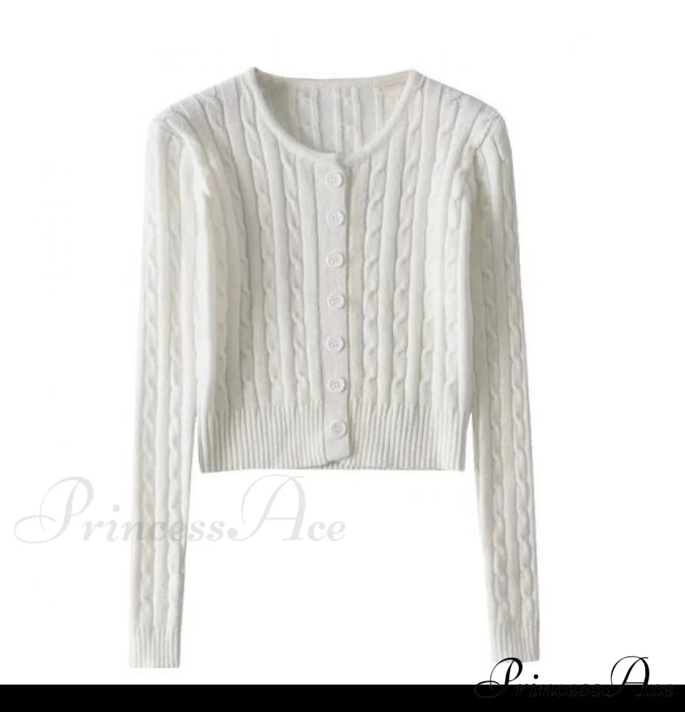 Vintage Long Sleeve Slim Knitted Cardigan White / One Size