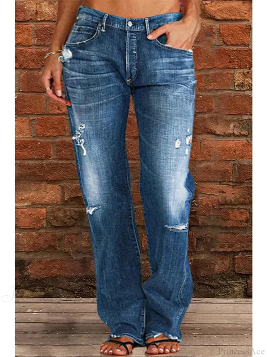 Vintage Middle-Waist Ripped Straight Blue Wide-Leg Denim Jean / S