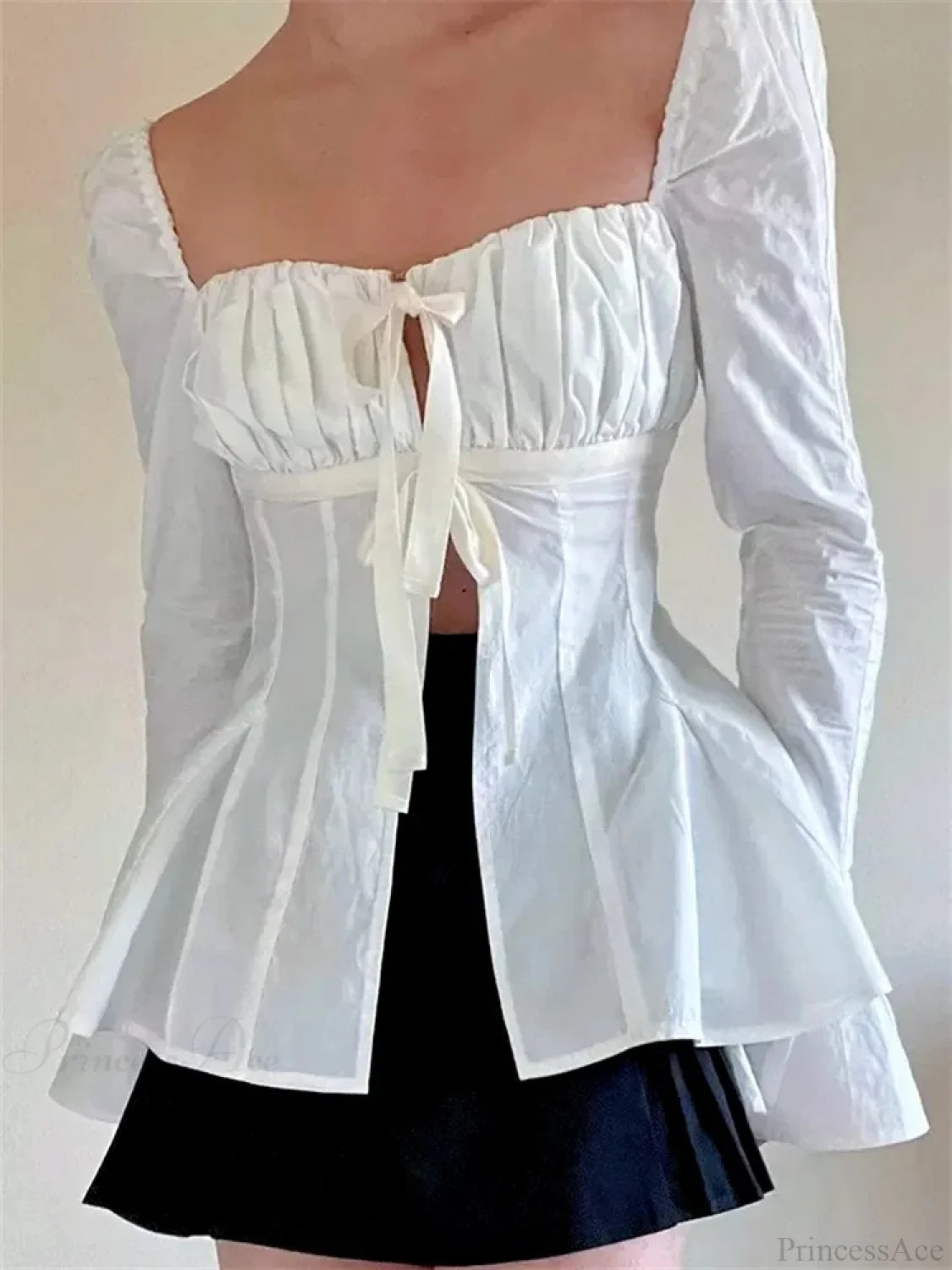 Vintage Puff Sleeve Tie-up Square Neck Blouse WHITE / S blouse-250126