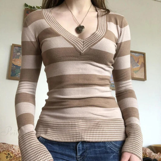 Vintage Striped T-shirt V-Neck Long Sleeve Knit Top Women Khaki / S knittop-250126