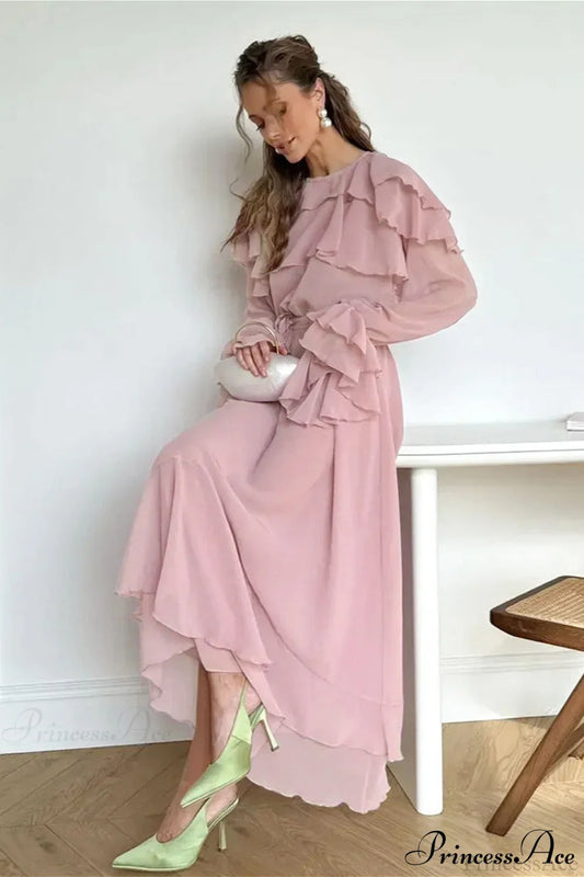 Waist Cinch Ruffled Semi Sheer Elegant Maxi Dress