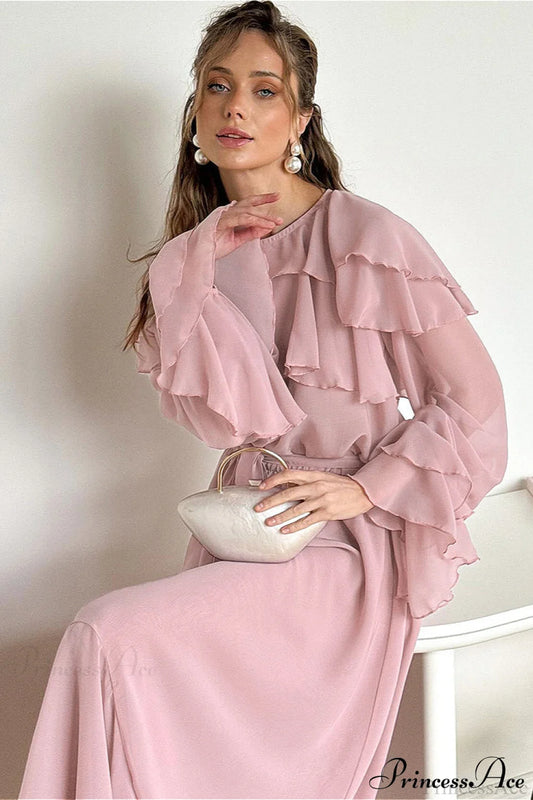 Waist Cinch Ruffled Semi Sheer Elegant Maxi Dress Pink / S