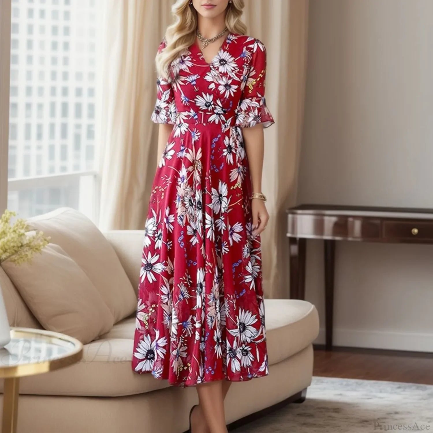 Wedding Guest Floral Sleeve Bohemian Floral Dress Red / M oldfloraldress-250126