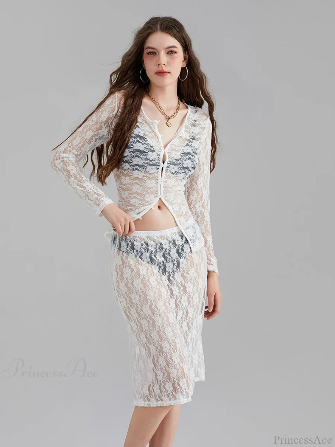 White Lace Mesh Long Sleeve Button-Down Floral Skirt Set floraldress-250126