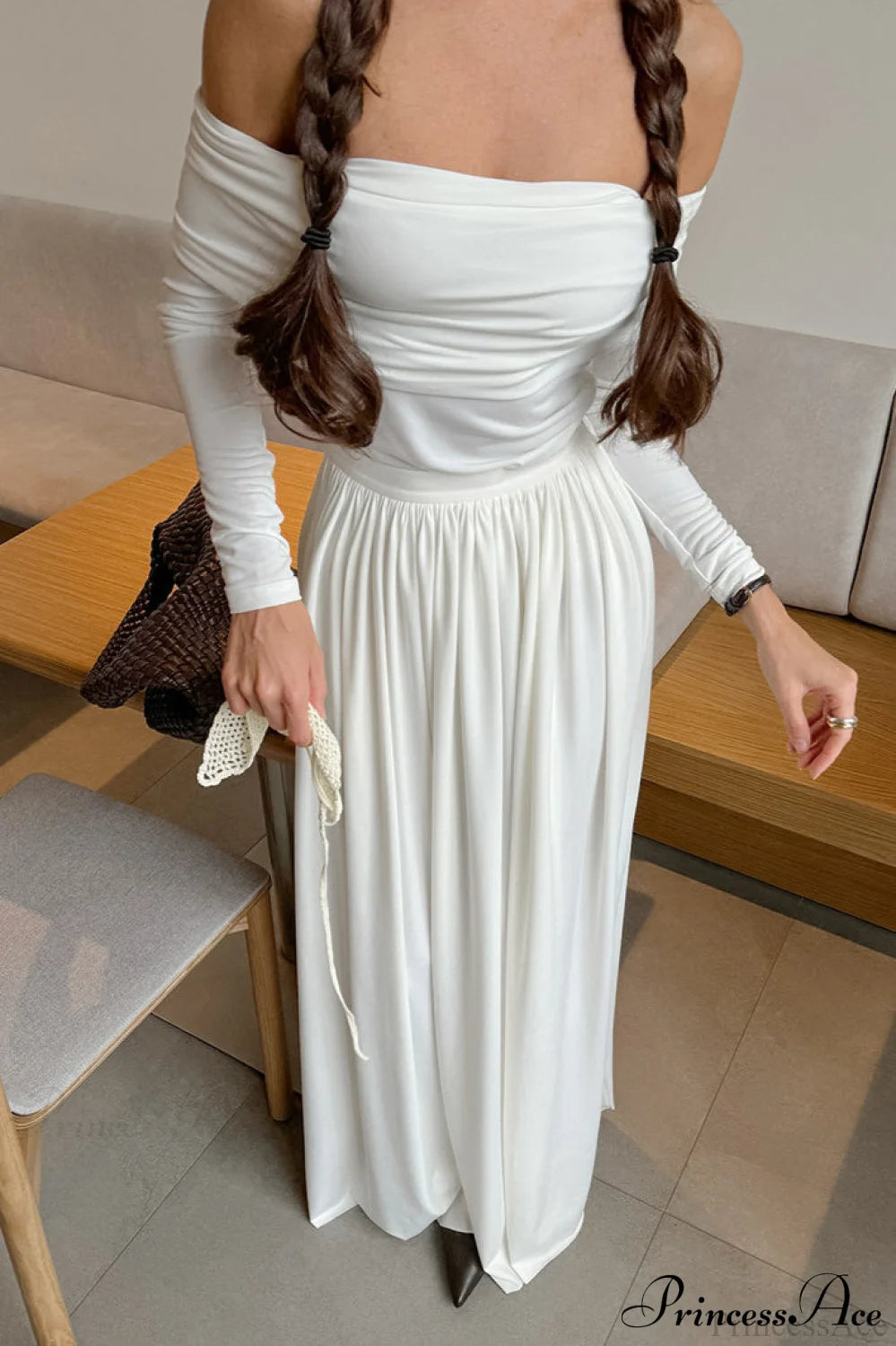 White Long Sleeve Off Shoulder Strapless Maxi Dress