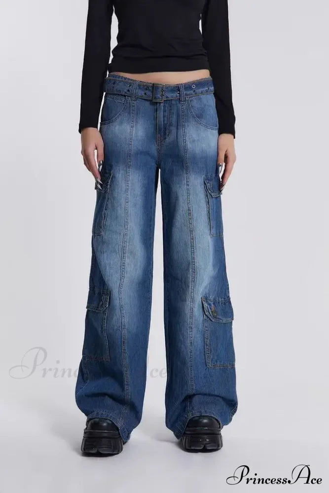 Wide Leg High Waist Patchwork Baggy Cargo Streetwear Y2K Vintage Denim Jean Stylish Loose Solid
