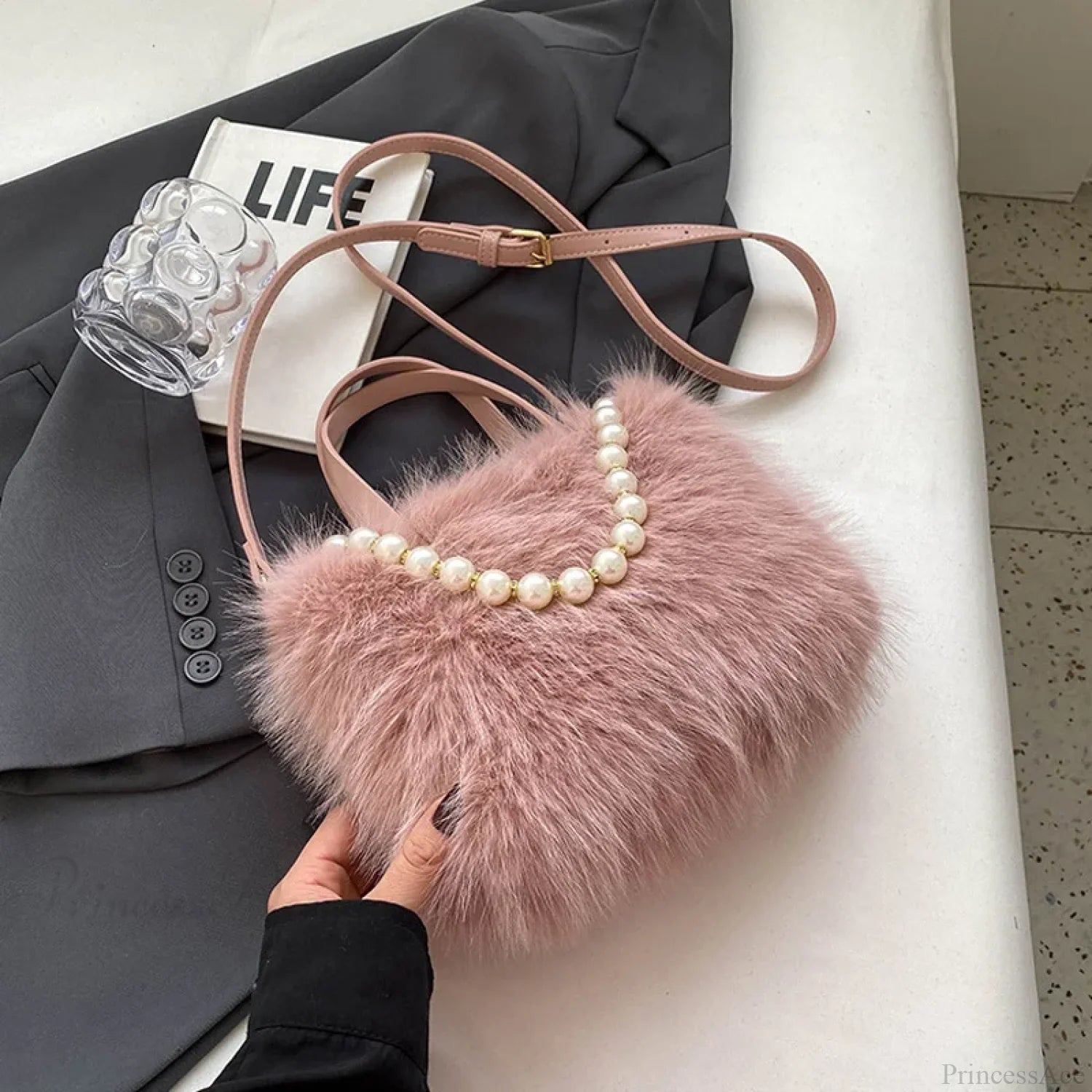 Winter Faux Fur Crossbody Pearl Chain Decor Handbag Pink / 22x17x9cm handbag-250126