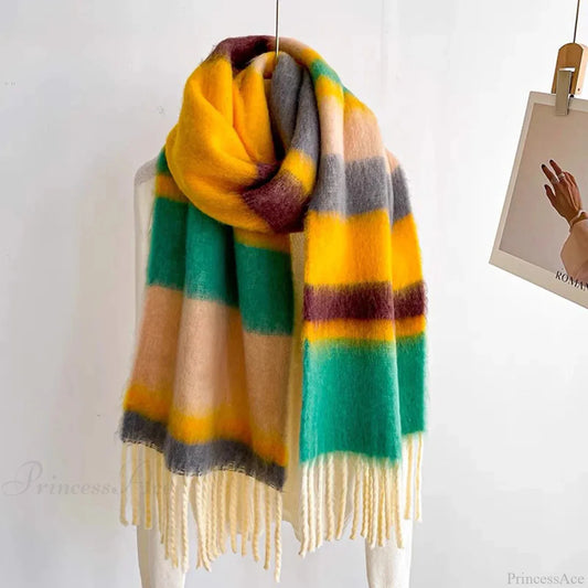 Winter Plaid Cashmere Poncho Tassel Scarf - Luxury Warm Thickened Unisex Yellow Green Scarfs-L
