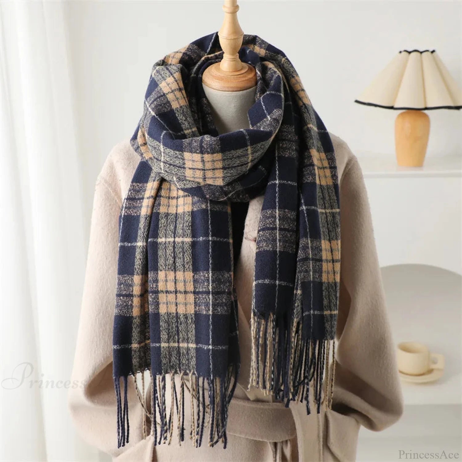 Winter Warm Cashmere-Like Plaid Blanket Wrap Scarf For Women Dark Grey 2 Scarfs-L