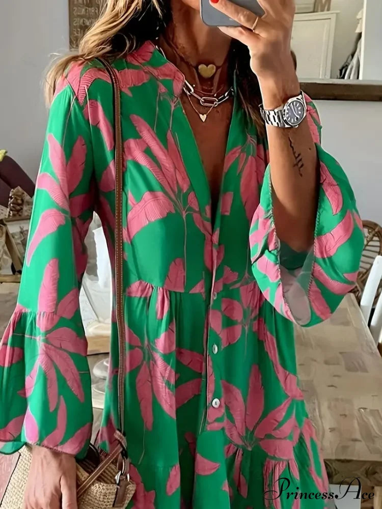 With Arm Long Gown Leaves Full-Length Tiered Print S / Purple Long Sleeve Print Dress