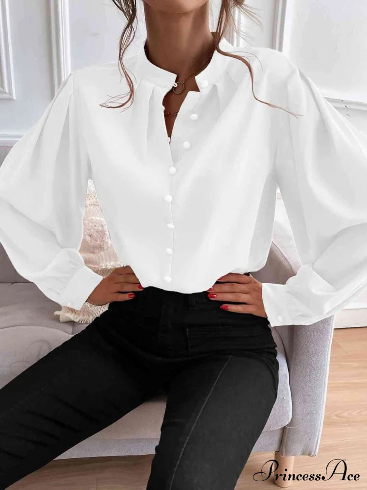 With Blouse Long Front Arm Button Mock Neck