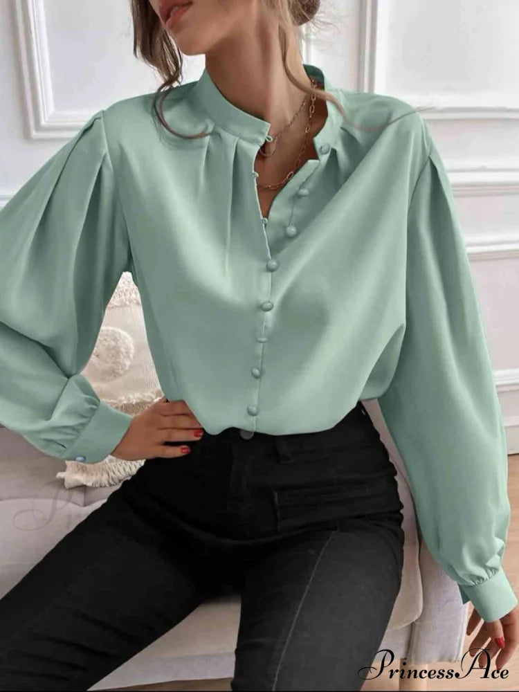 Mock Neck Button Front Long Sleeve Shirt Gum Leaf clothes G@S long sleeve shirt long sleeve shirts long sleeve top long sleeve tops Ship From Overseas shirt shirts tops Tops/Blouses
