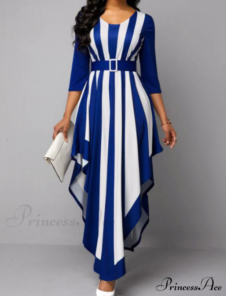 With Bohemia Gown V-Neck Full-Length Colorful Deep Stripes S / Blue Dresses