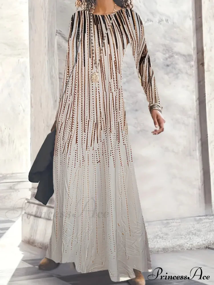 With Crew Full-Length Geometric And Design Gown Neck Long Sleeves S / Khaki Blue Unique Maxi Dress