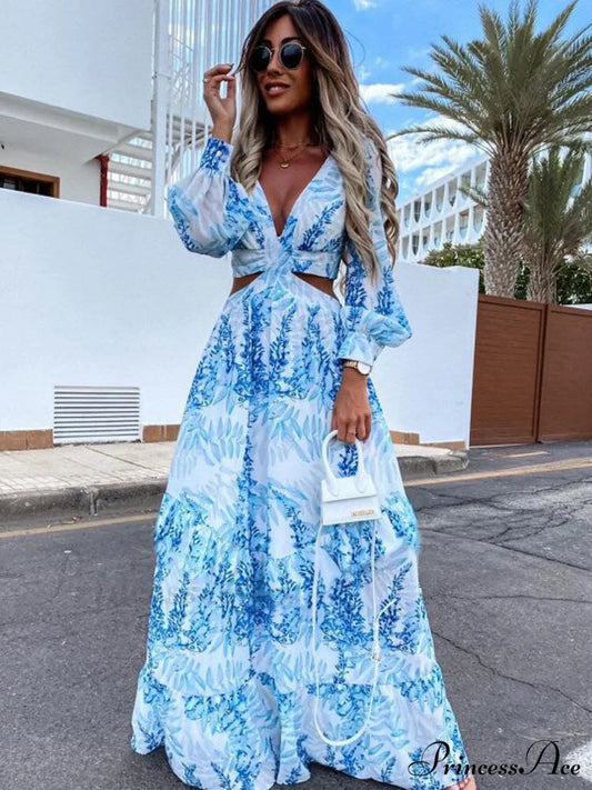With Long Gown Bachelorette Design V-Neck Flowered Full-Length Sleeves S / Green Blue Print Maxi
