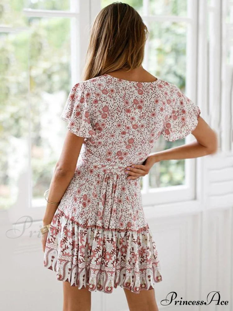 With Mini Gown V-Neck Patterned Bandage S / White Dresses