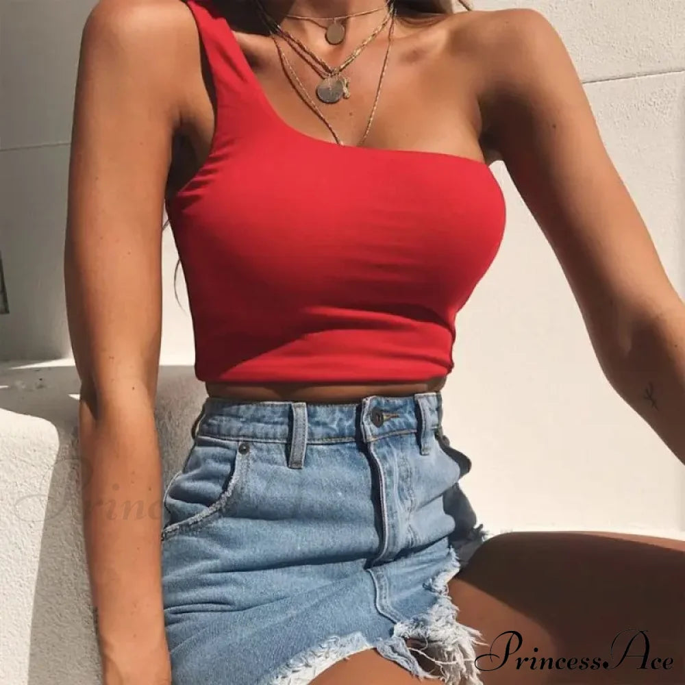 Women Female One Shoulder Crops Sleeveless Summer Beach Vest Bare Midriff Fashion Clothes Tank Top