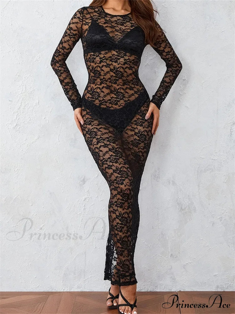 Women Lace Floral See Through Vintage Sleeve Round Neck Solid Back Split Party Female Vestidos