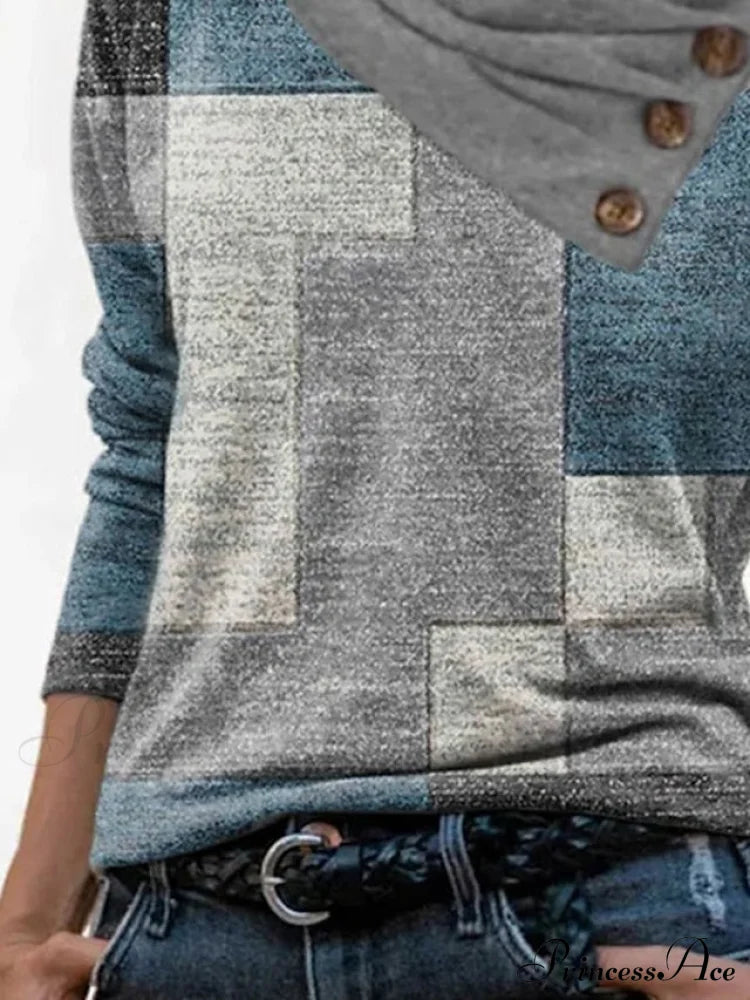 Women’s Blue Button Long Neck Pile Design Basic Abstract Navy Tee Shirt Red Arm Geometric V