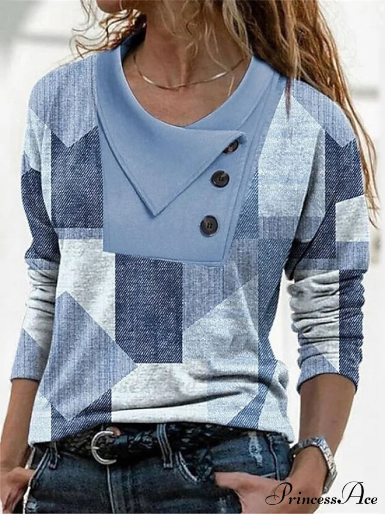 Women’s Blue Button Long Neck Pile Design Basic Abstract Navy Tee Shirt Red Arm Geometric V