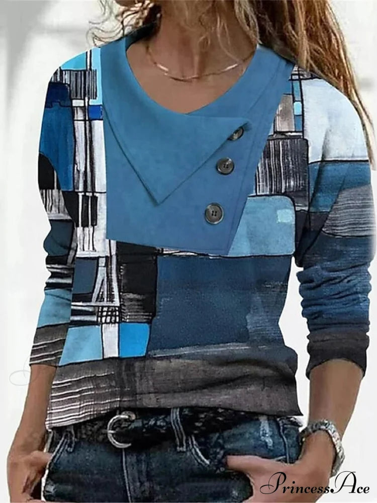 Women’s Blue Button Long Neck Pile Design Basic Abstract Navy Tee Shirt Red Arm Geometric V