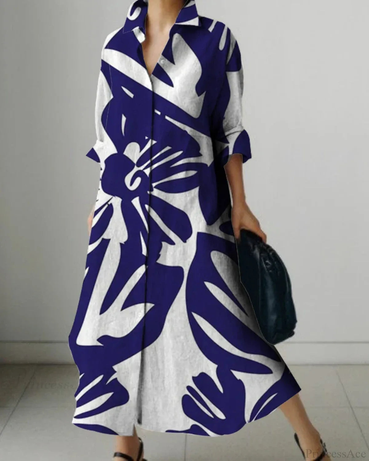 Women’s Lapel Long Sleeve Floral Print Shirt Dress color6 / S oldfloraldress-250126