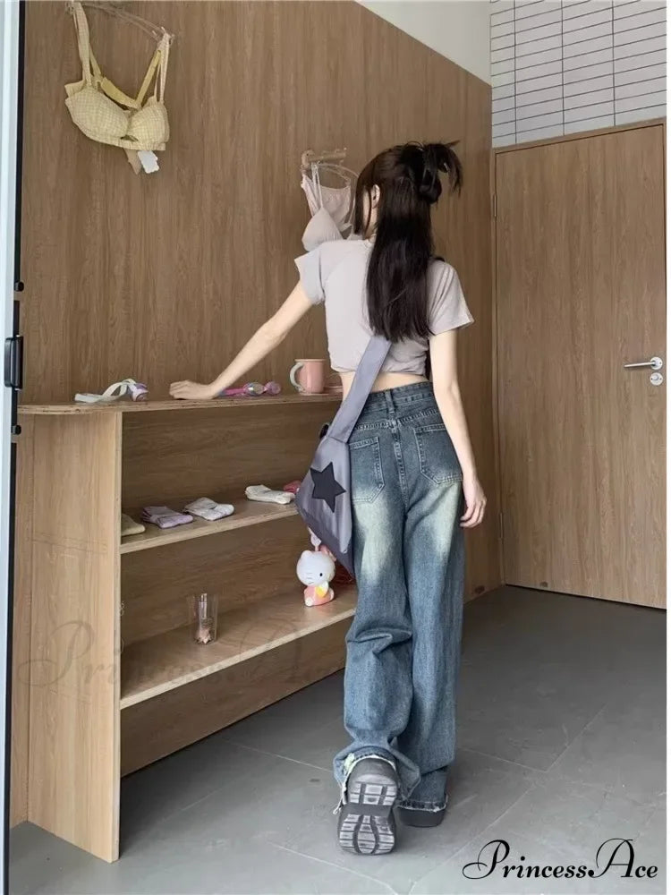 Worn-Out Hole Vintage Straight Summer Loose Fitting Wide-Leg Floor Length Jean