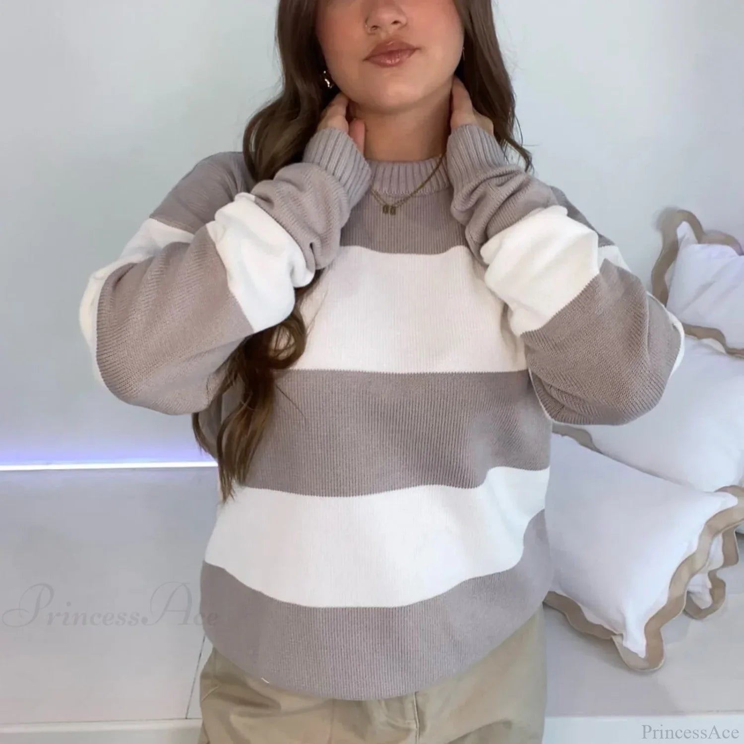 Y2K Autumn Loose Fit Stripe Print Color Block Knit Top GRAY / S knittop-250126