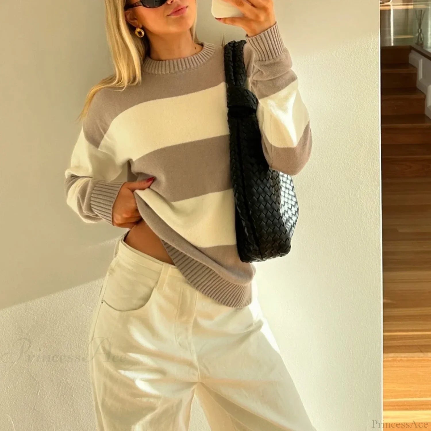 Y2K Autumn Loose Fit Stripe Print Color Block Knit Top knittop-250126