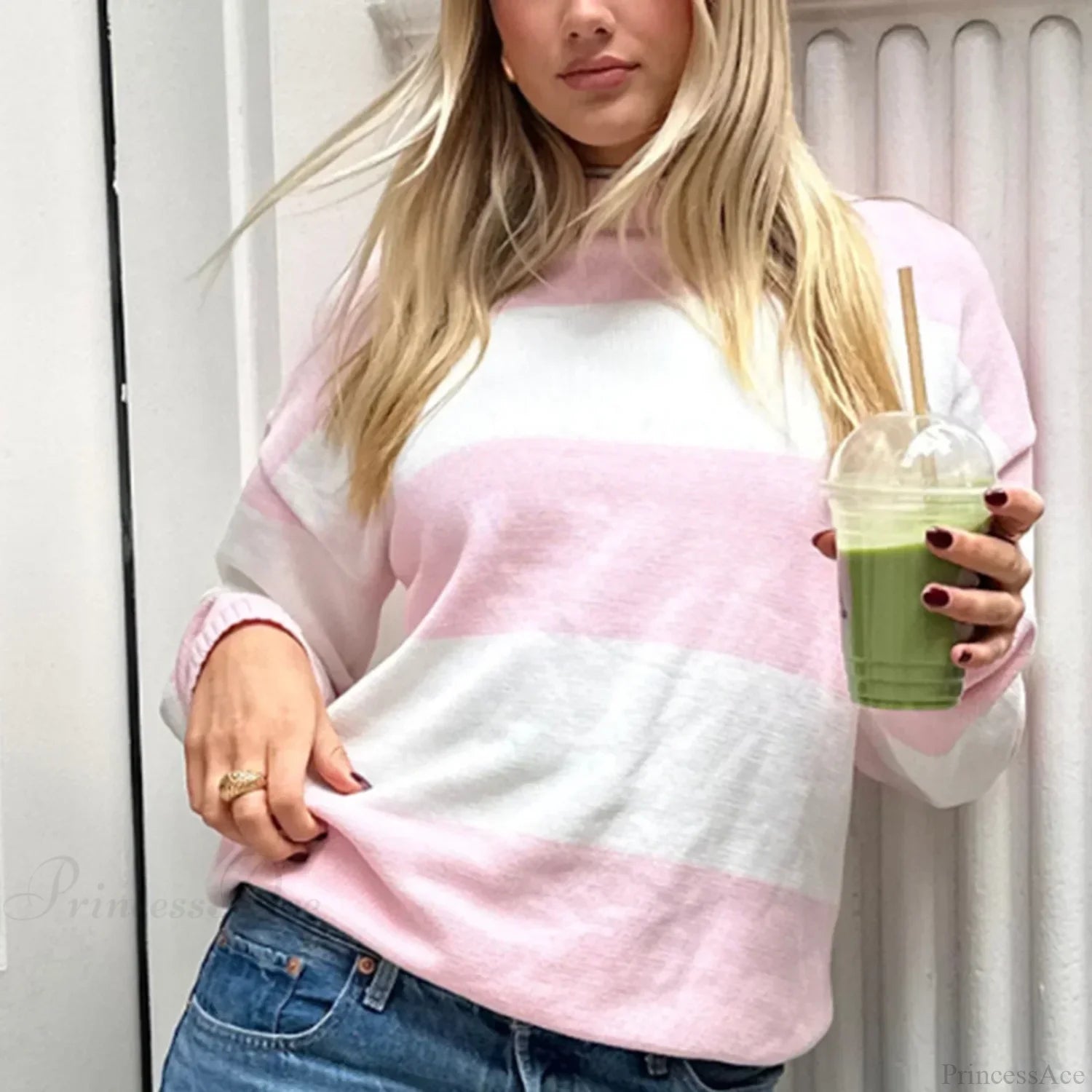 Y2K Autumn Loose Fit Stripe Print Color Block Knit Top knittop-250126