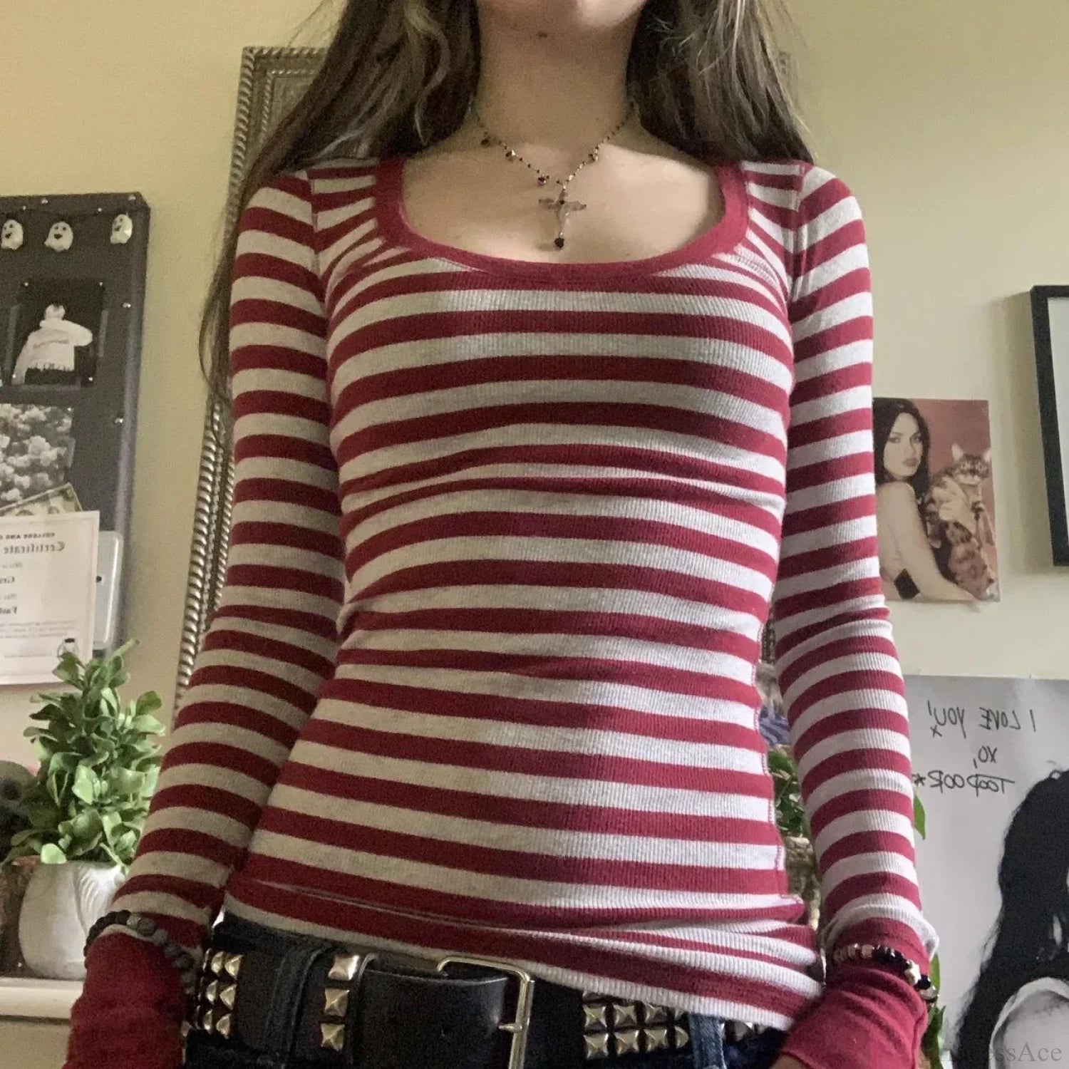 Y2K Grunge Striped Crew Neck Fall Slim Fit Knit Top knittop-250126