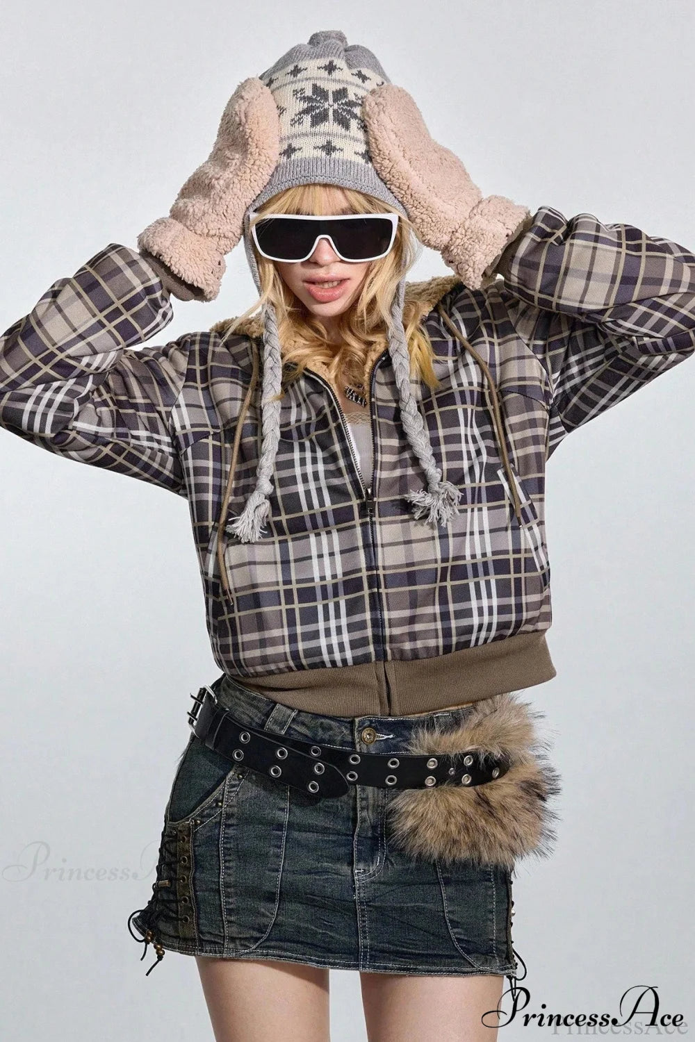 Y2K Plaid Sherpa Fleece Hoodie