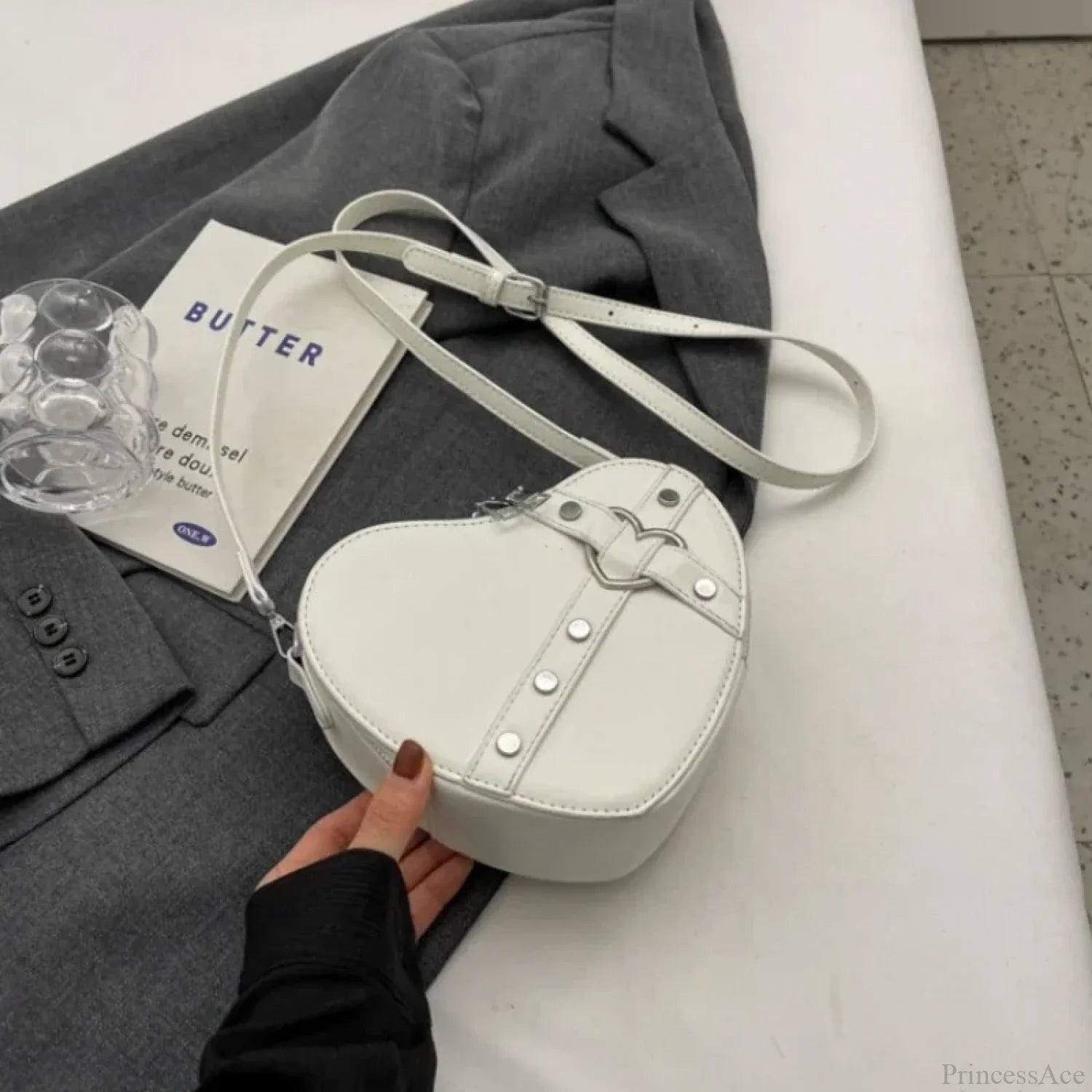 Y2K Rivet Heart-Shaped Crossbody Bag Beige crossbody-250126