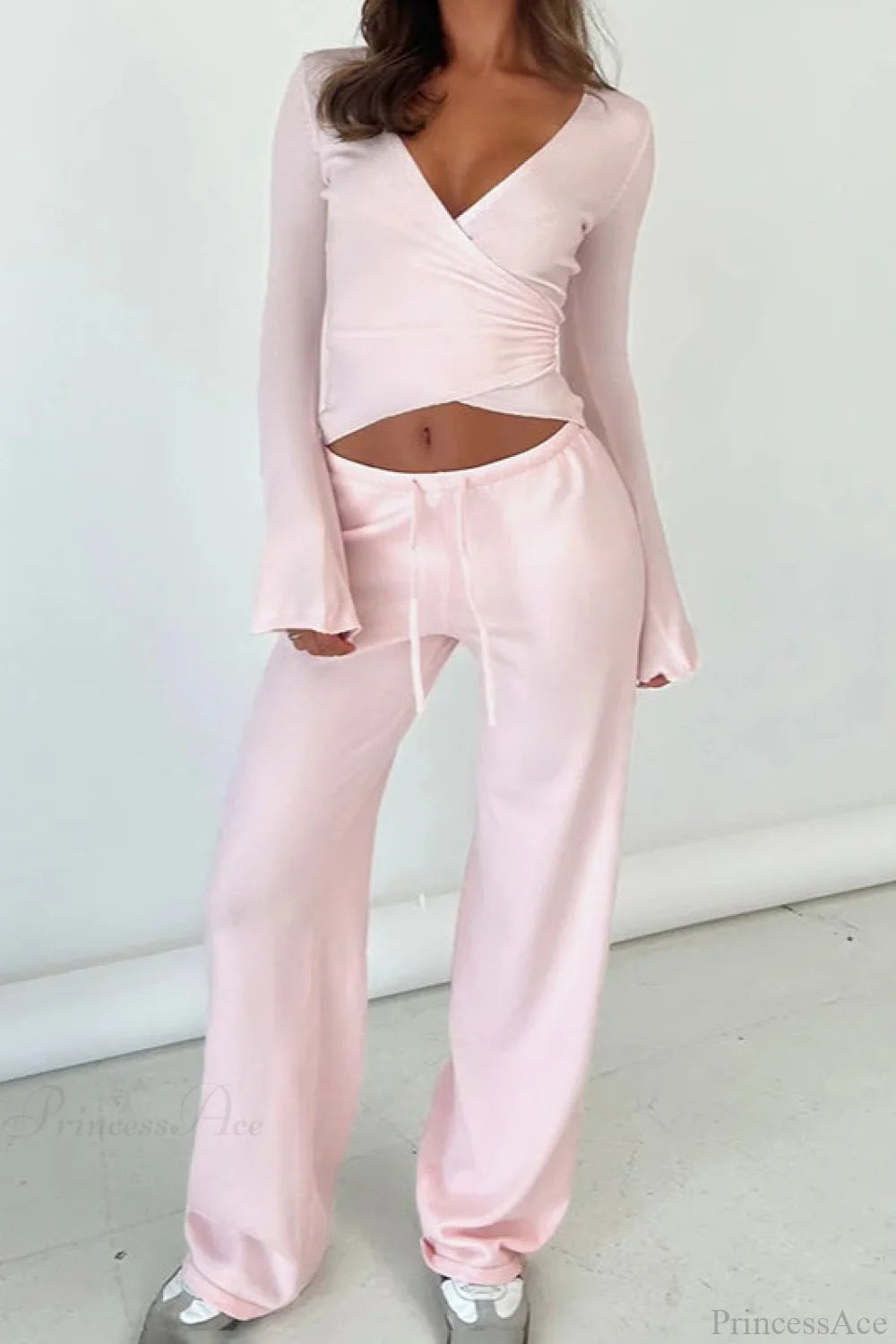 Y2K Sexy V-Neck Fitted Top Casual Pants Two Piece Set Pink / S