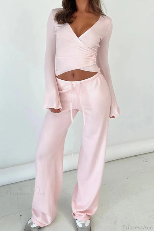 Y2K Sexy V-Neck Fitted Top Casual Pants Two Piece Set Pink / S